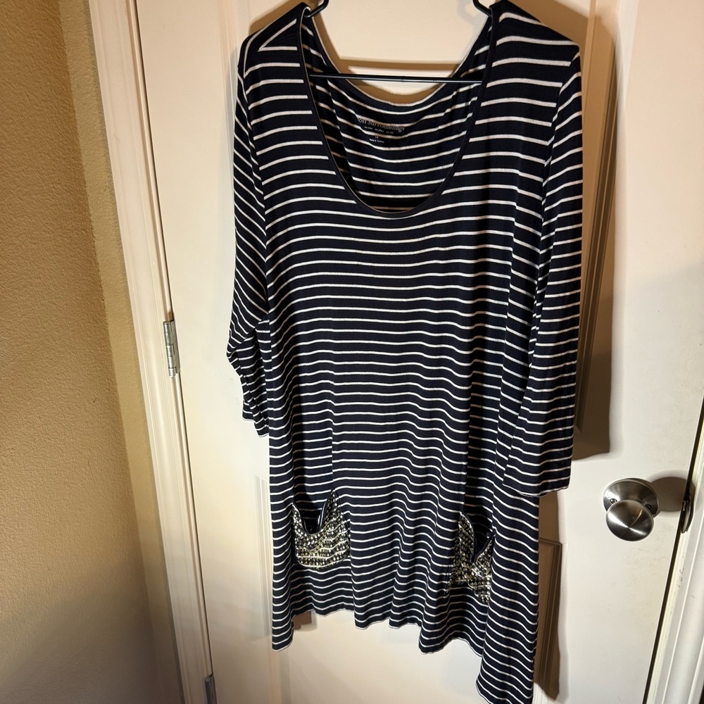 Soft Surroundings Navy Striped Tunic Top with Studded Pockets | 1X
